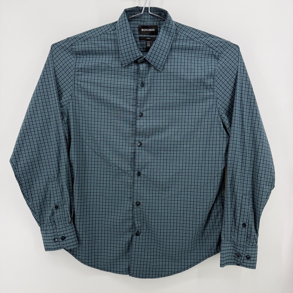 Bonobos Button Down Shirt Mens XL Green Grid Nylon Stretch Slim Fit Long Sleeve